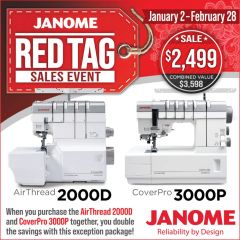 Janome Red Tag Sales Event Air Thread 2000D and CoverPro 3000P Serger Combo Offer